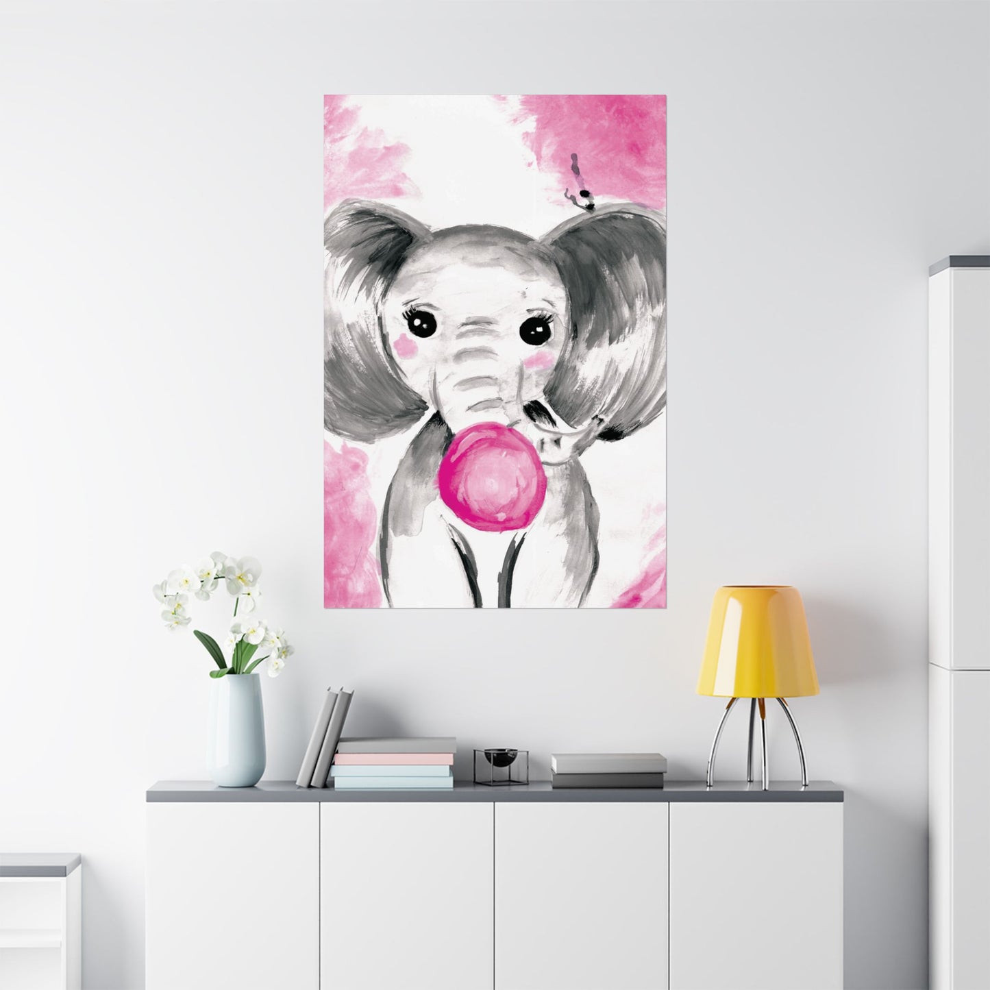 Little Elephant with pink bubblegum without AI - Matte Vertical Posters