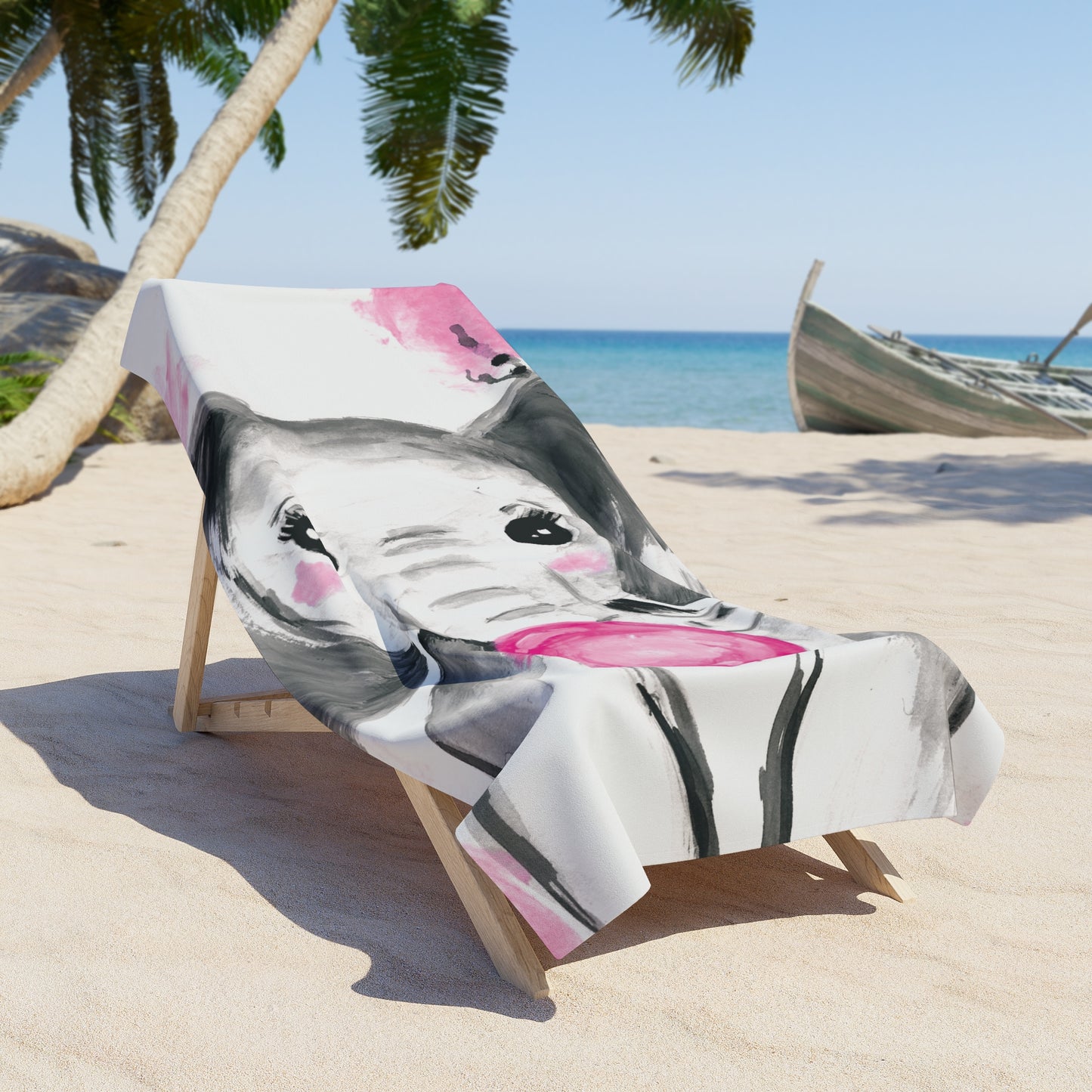 Little Elephant with pink bubblegum without AI - Beach Towel