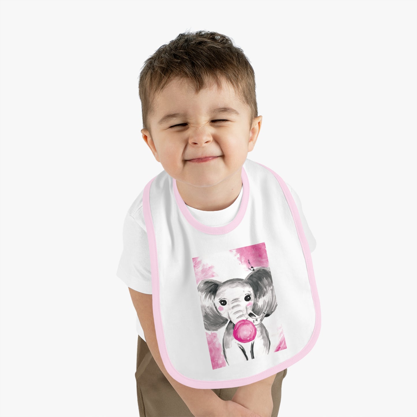 Little Elephant with pink bubblegum without AI - Baby Contrast Trim Jersey Bib