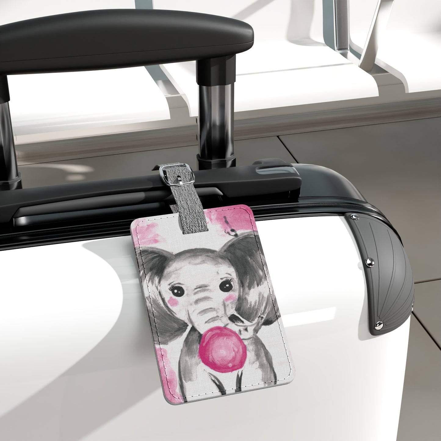 Little Elephant with pink bubblegum without AI - Saffiano Polyester Luggage Tag, Rectangle