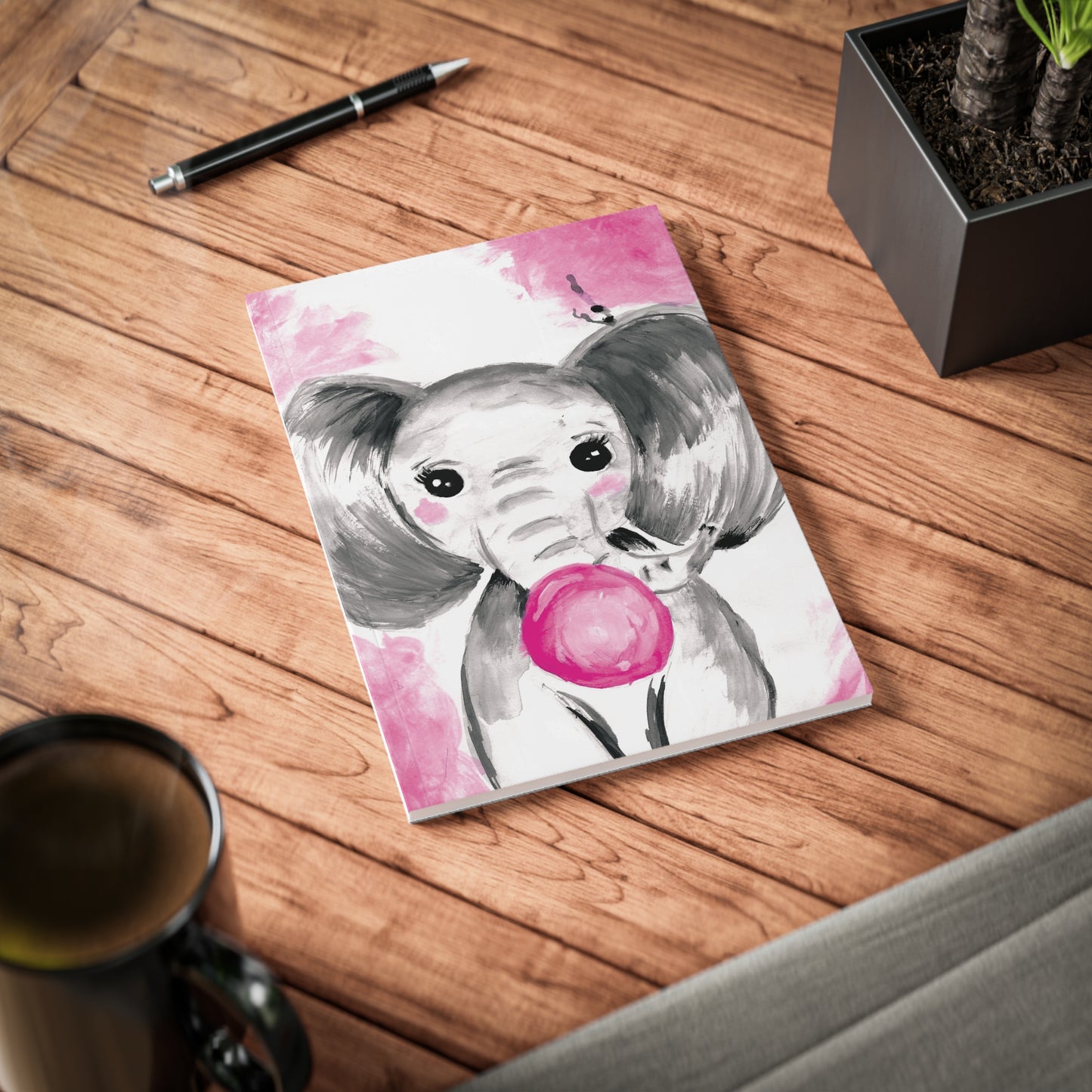 Copy of Little Elephant with pink bubblegum without AI - Softcover Notebook, A5