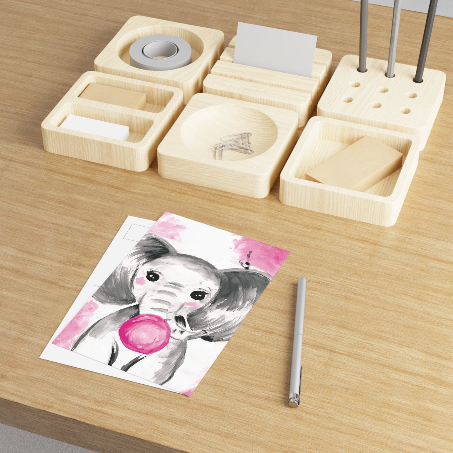 Little Elephant with pink bubblegum without AI - Fine Art Postcards