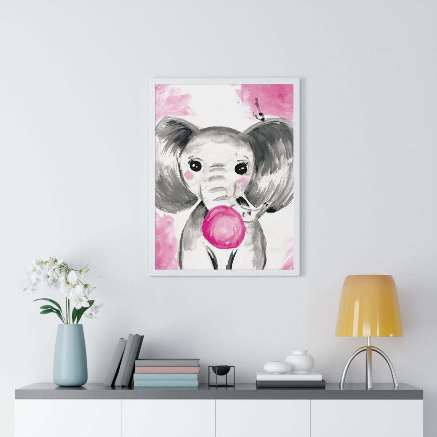 Little Elephant with pink bubblegum without AI - Vertical Framed Poster