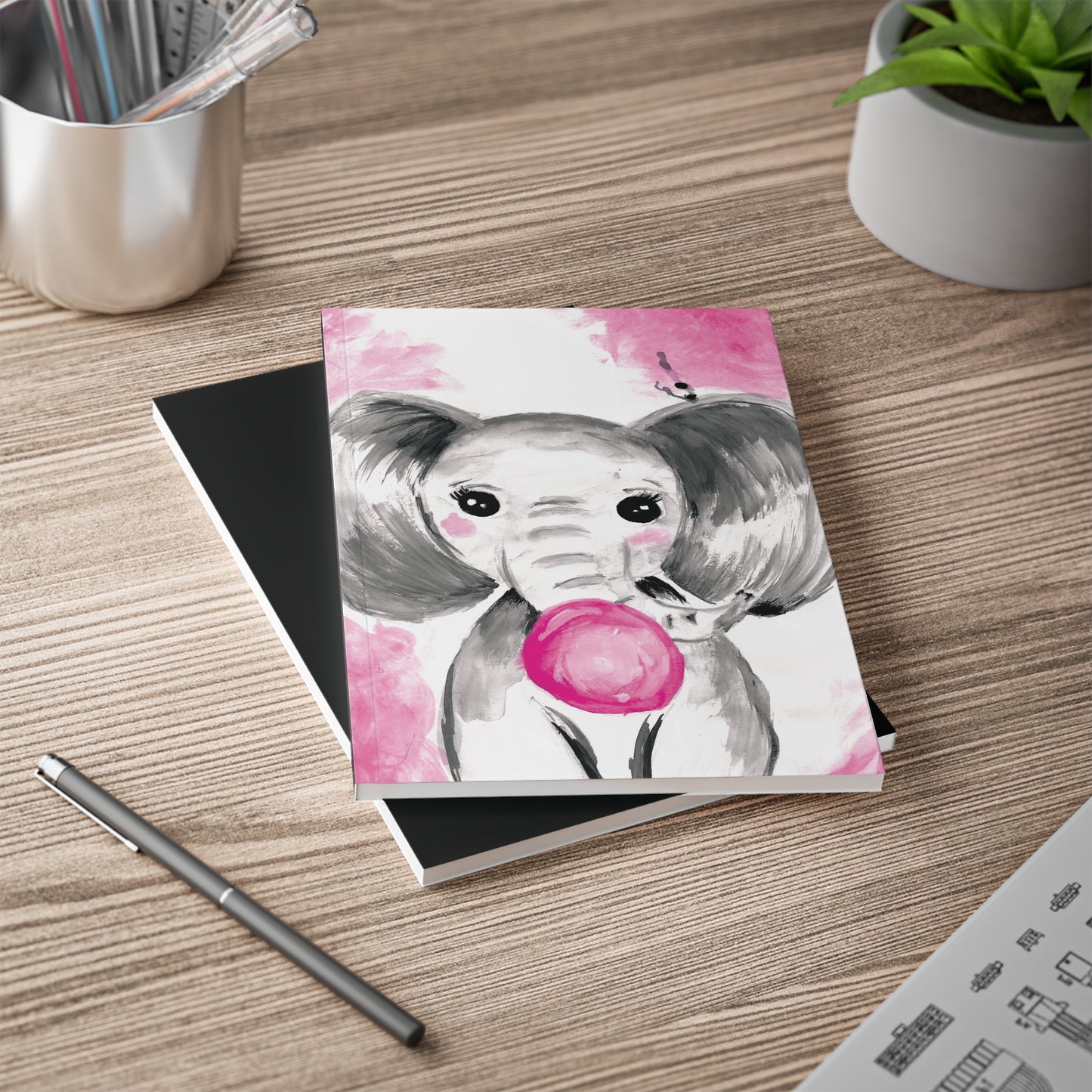 Little Elephant with pink bubblegum without AI - Softcover Notebook, A5