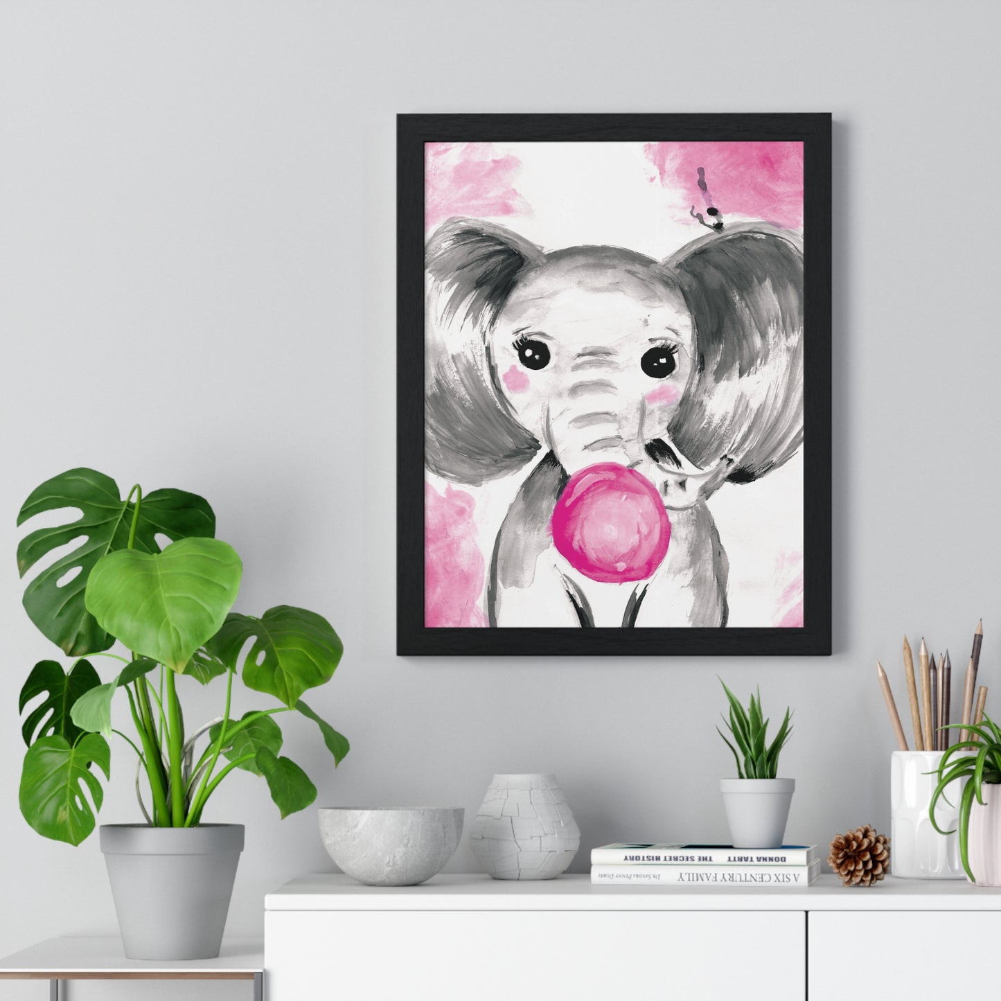 Little Elephant with pink bubblegum without AI - Vertical Framed Poster