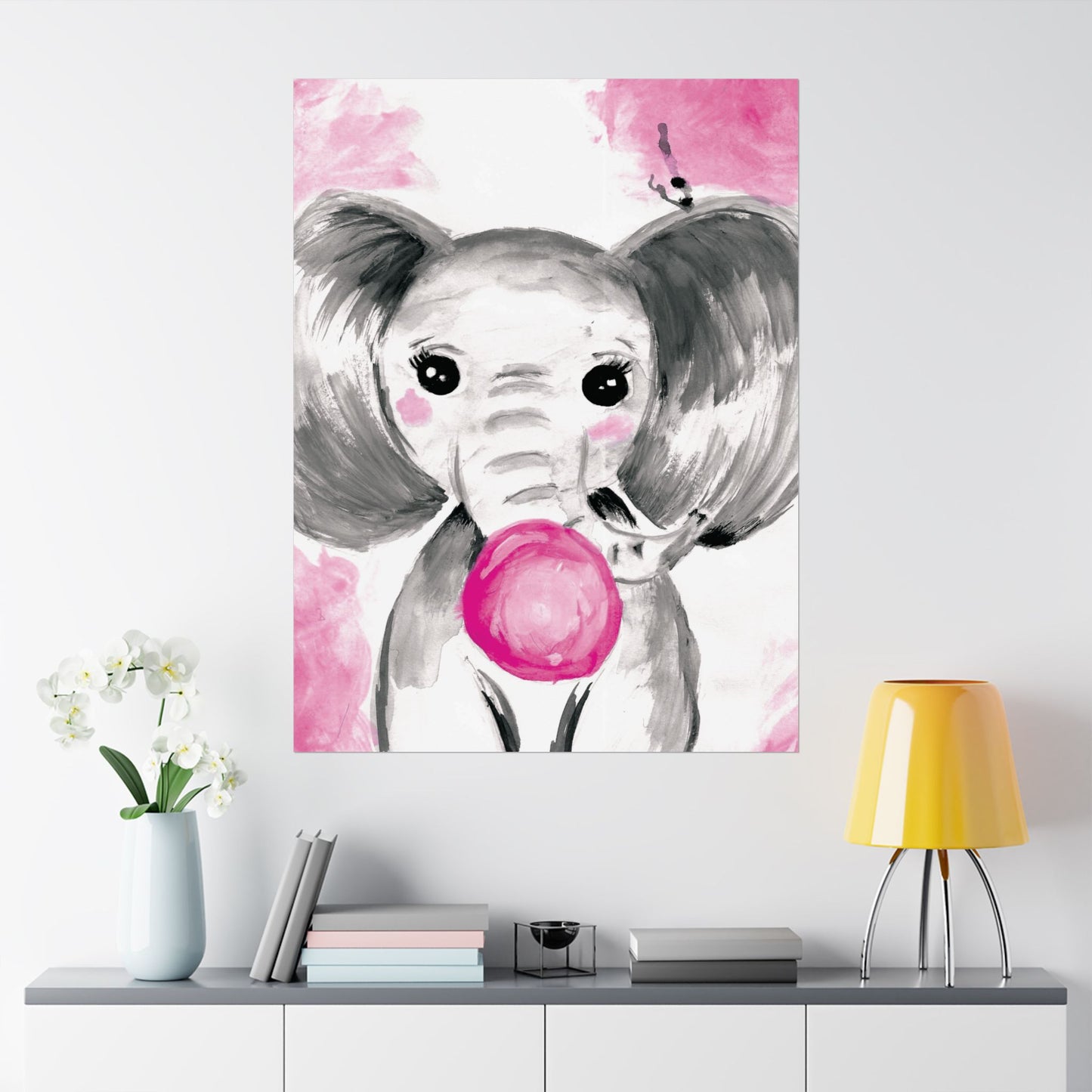Little Elephant with pink bubblegum without AI - Matte Vertical Posters