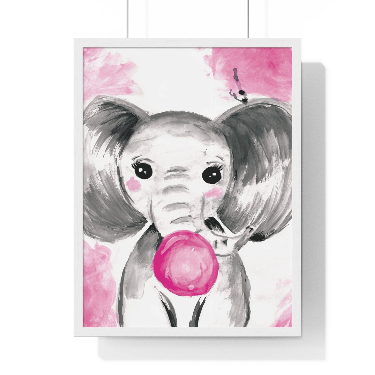 Little Elephant with pink bubblegum without AI - Vertical Framed Poster