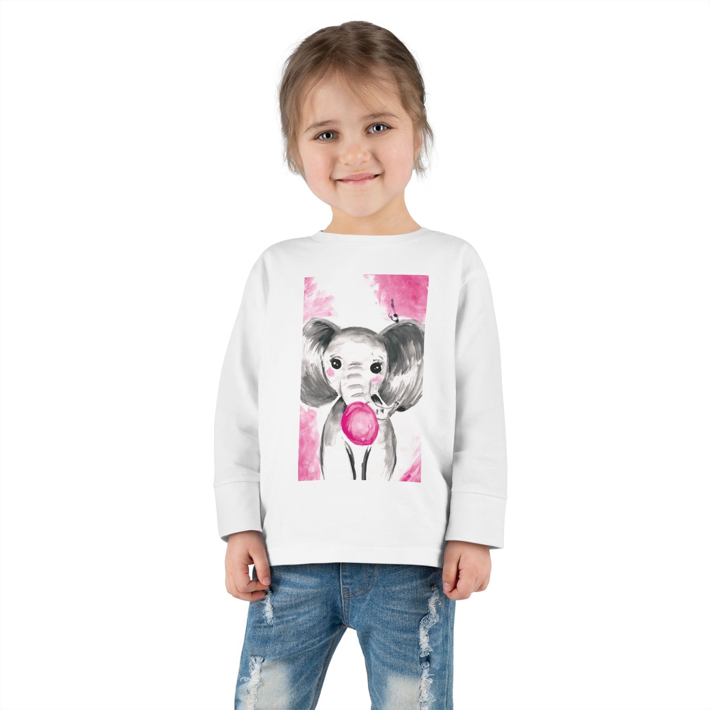 Little Elephant with pink bubblegum without AI - Toddler Long Sleeve Tee