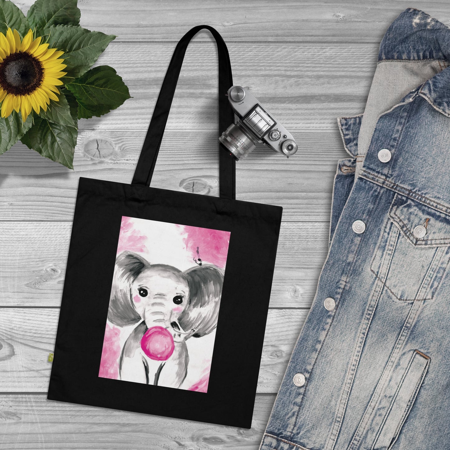 Little Elephant with pink bubblegum without AI - Organic Cotton Tote Bag
