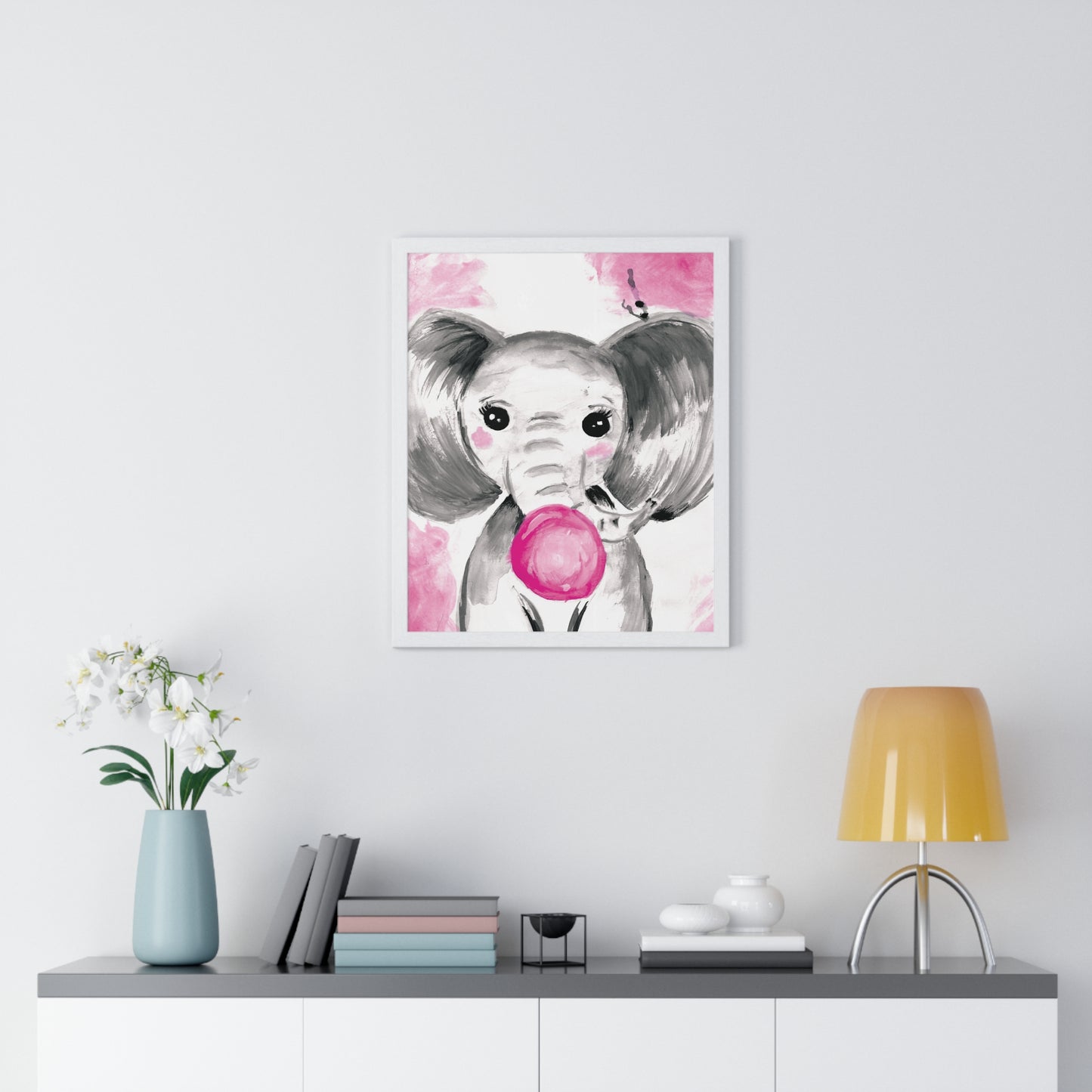 Little Elephant with pink bubblegum without AI - Vertical Framed Poster