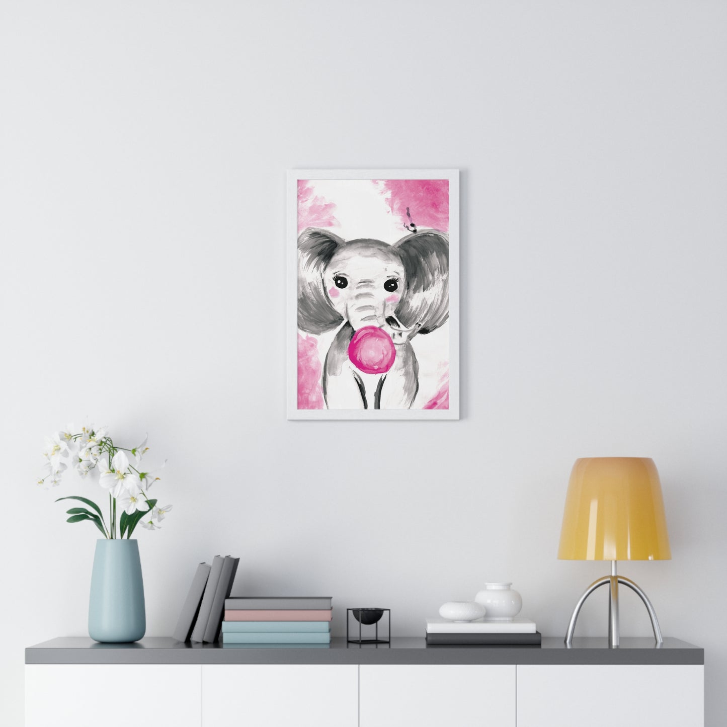 Little Elephant with pink bubblegum without AI - Vertical Framed Poster