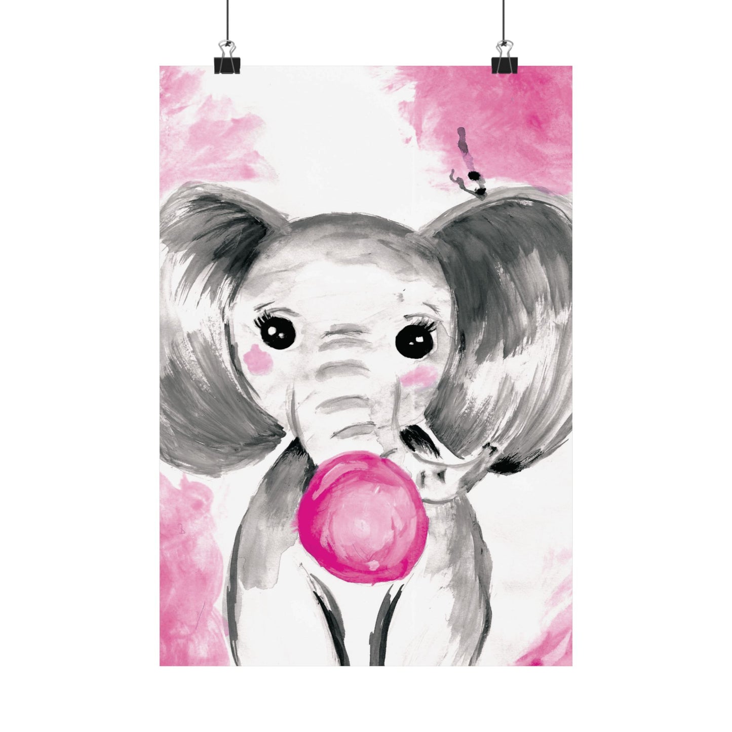 Little Elephant with pink bubblegum without AI - Matte Vertical Posters