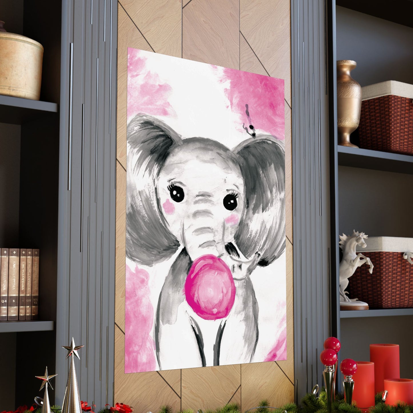 Little Elephant with pink bubblegum without AI - Matte Vertical Posters