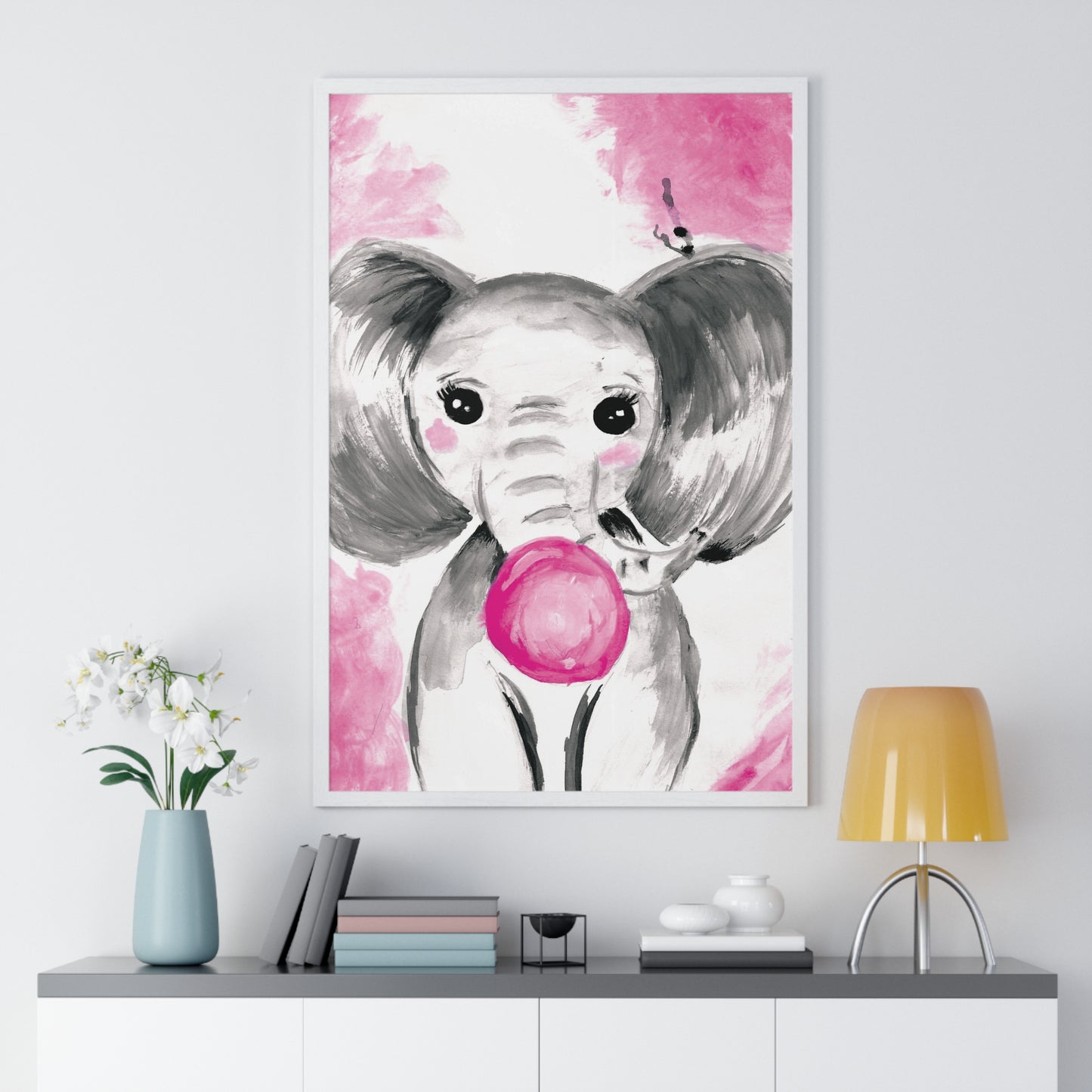 Little Elephant with pink bubblegum without AI - Vertical Framed Poster