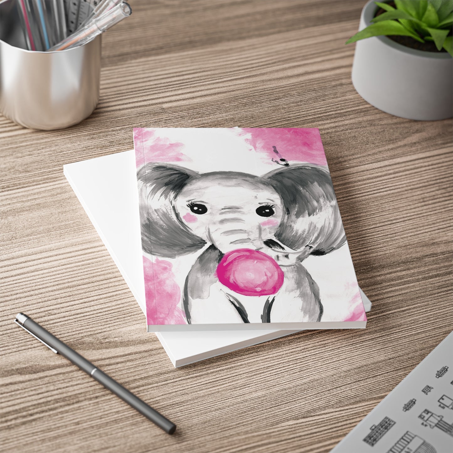 Copy of Little Elephant with pink bubblegum without AI - Softcover Notebook, A5