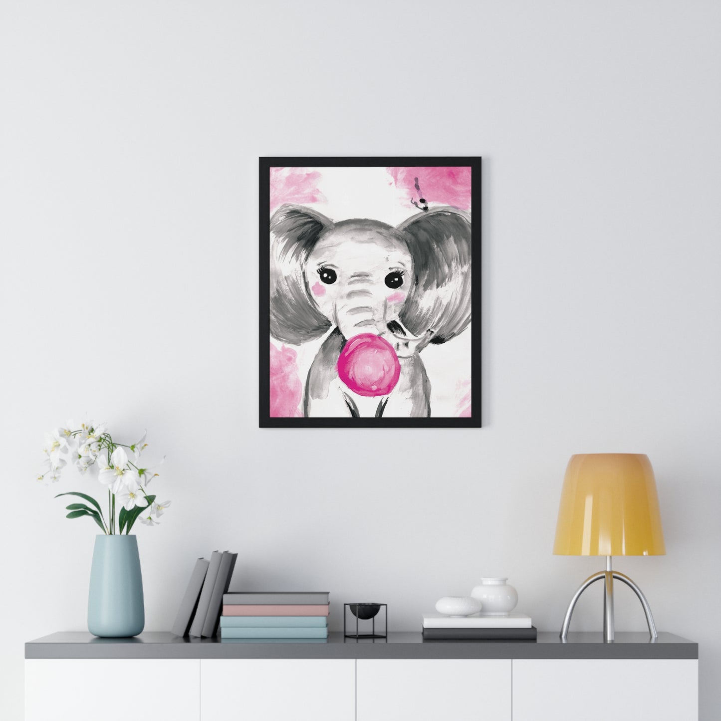 Little Elephant with pink bubblegum without AI - Vertical Framed Poster