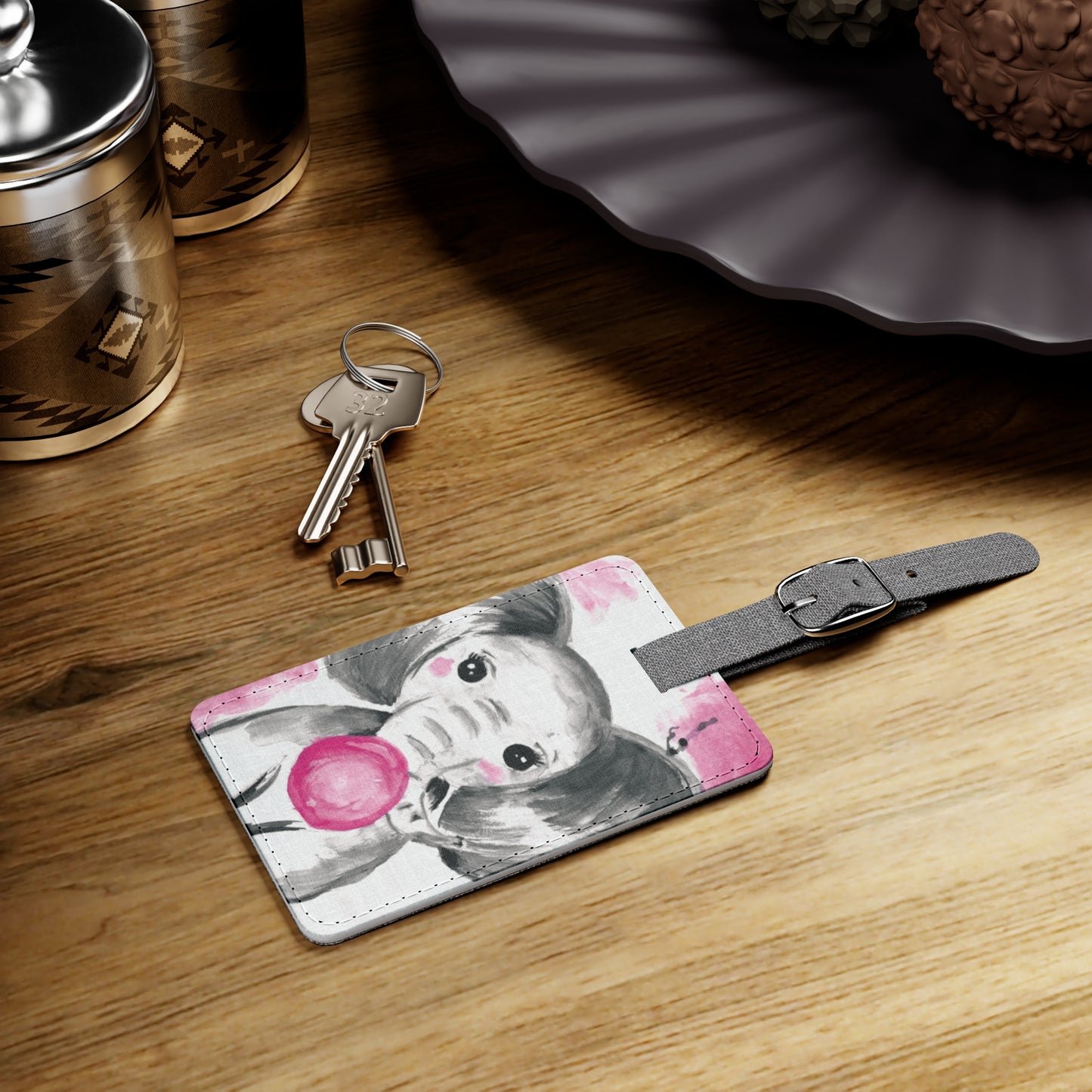 Little Elephant with pink bubblegum without AI - Saffiano Polyester Luggage Tag, Rectangle