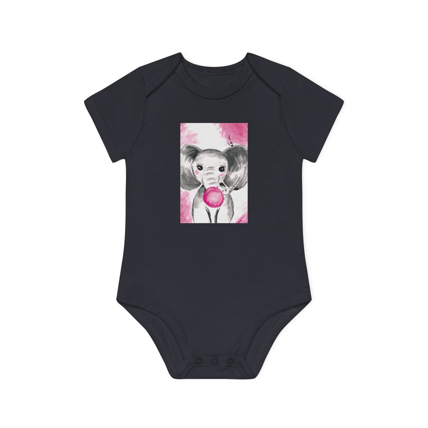 Little Elephant with pink bubblegum without AI - Baby Organic Short Sleeve Bodysuit