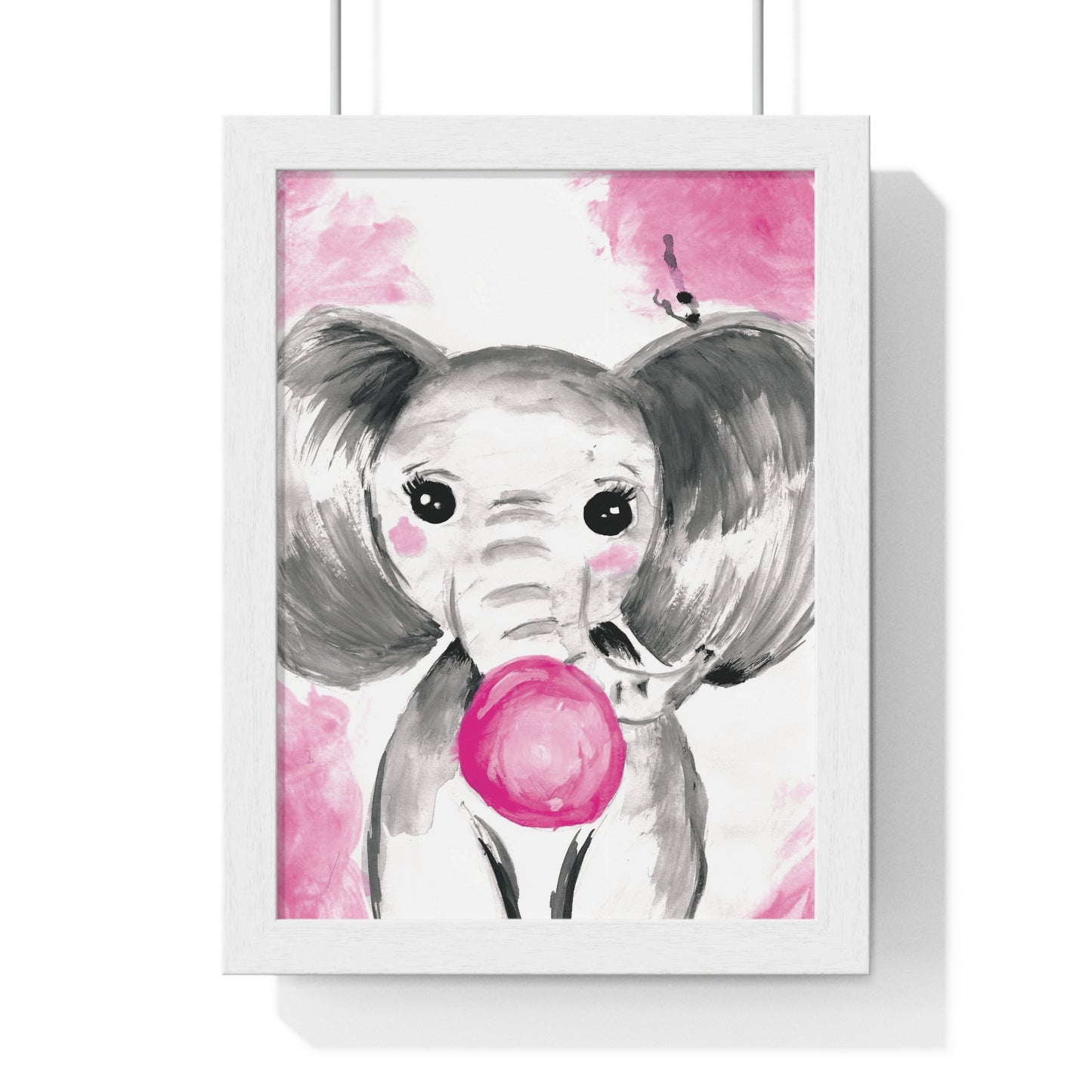 Little Elephant with pink bubblegum without AI - Vertical Framed Poster