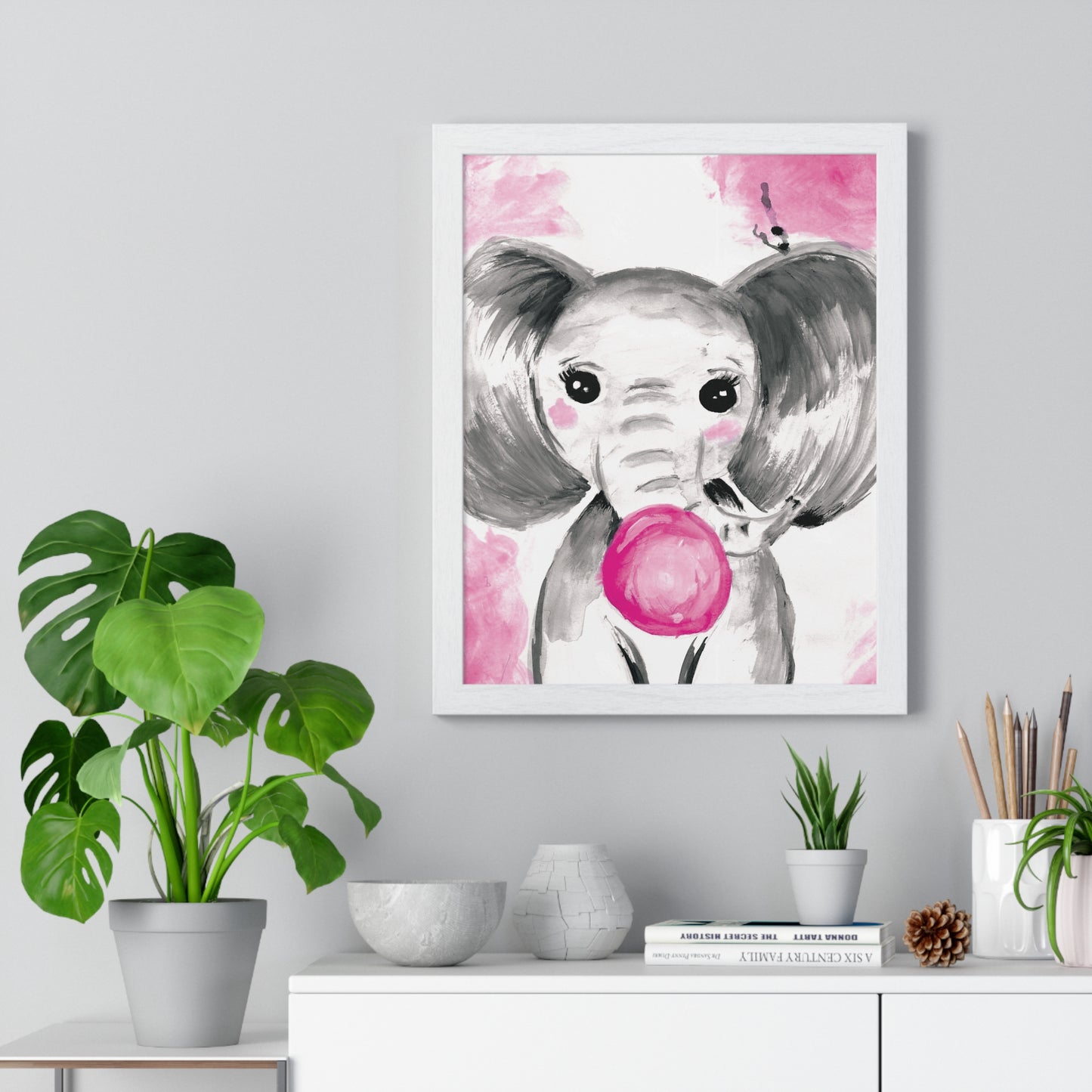 Little Elephant with pink bubblegum without AI - Vertical Framed Poster