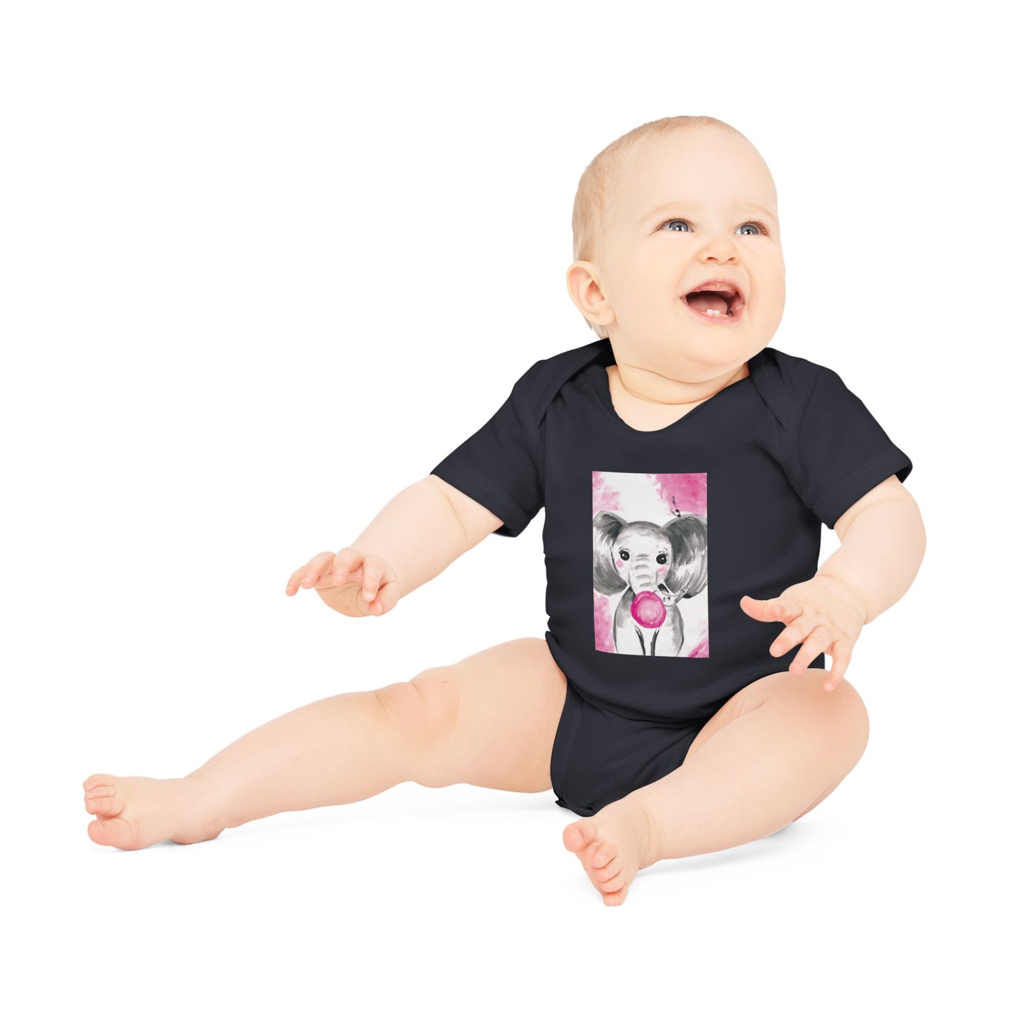 Little Elephant with pink bubblegum without AI - Baby Organic Short Sleeve Bodysuit