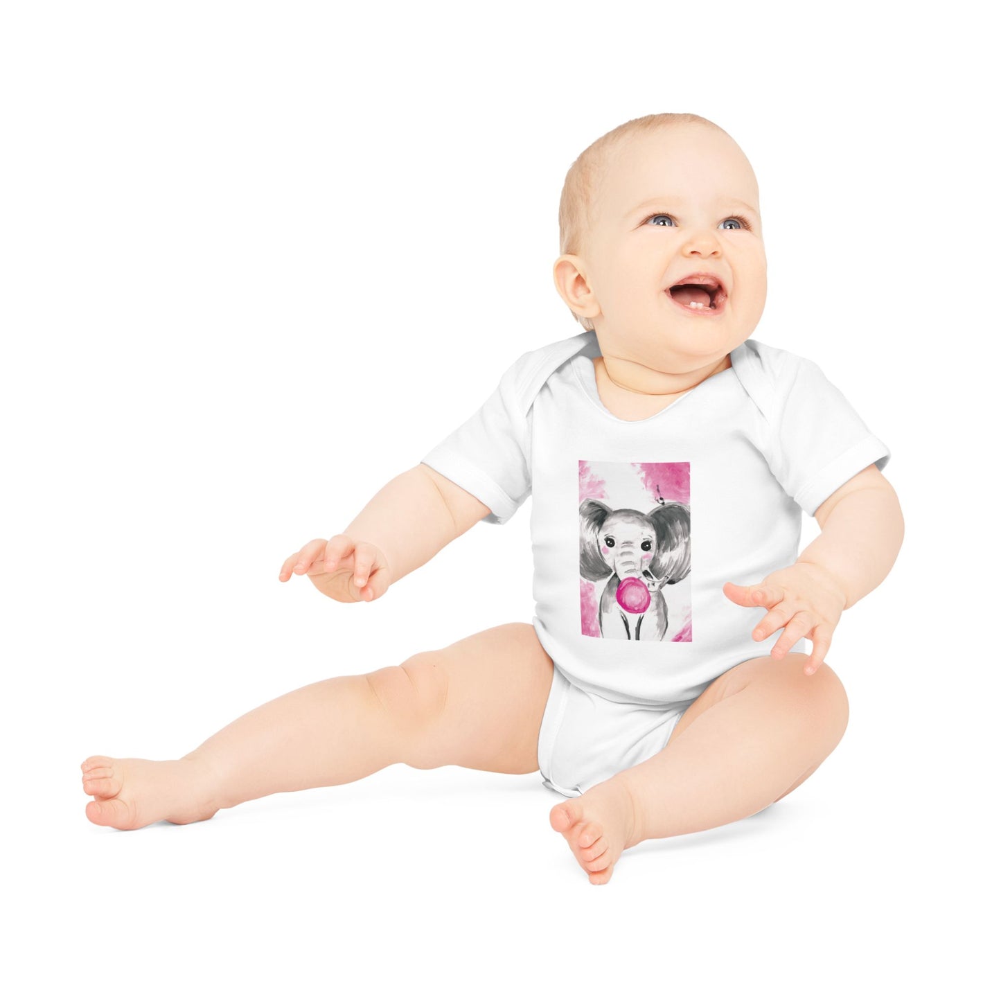 Little Elephant with pink bubblegum without AI - Baby Organic Short Sleeve Bodysuit
