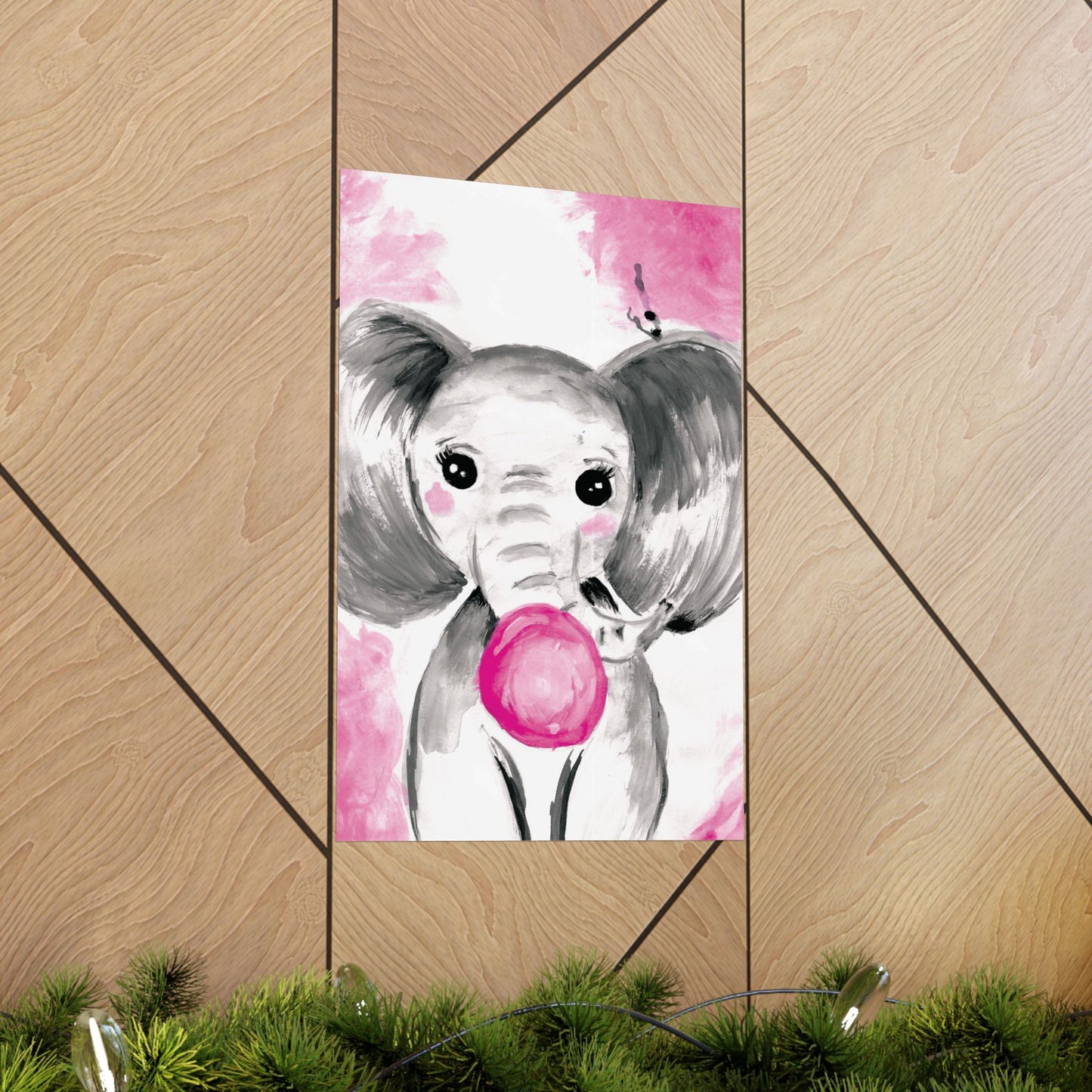Little Elephant with pink bubblegum without AI - Matte Vertical Posters