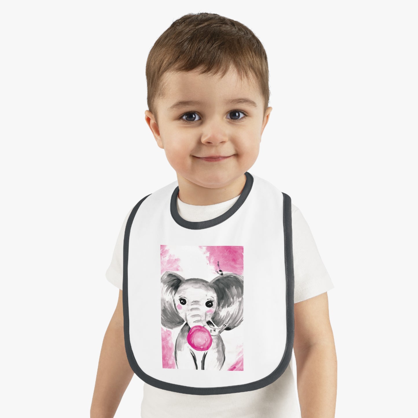 Little Elephant with pink bubblegum without AI - Baby Contrast Trim Jersey Bib