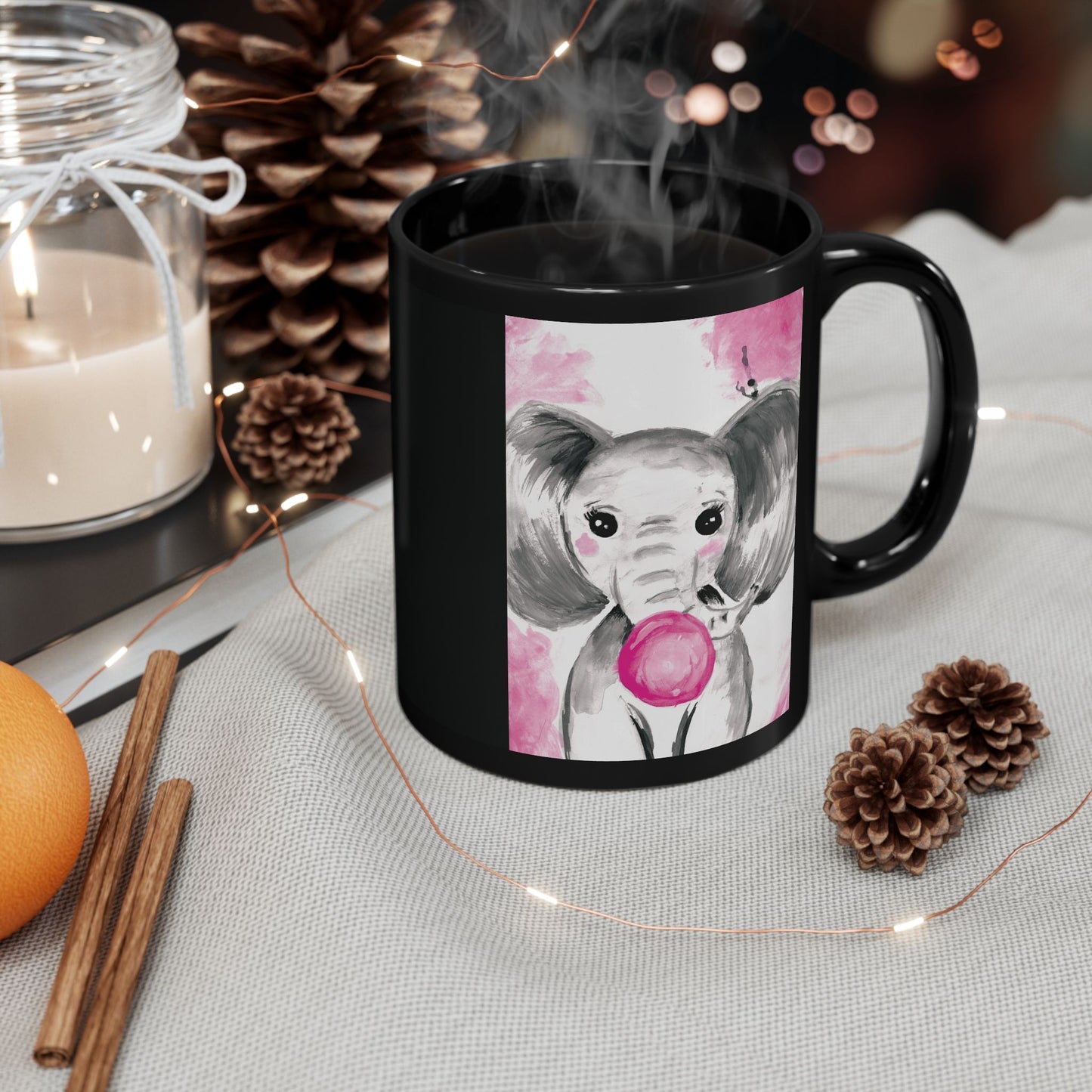 Little Elephant with pink bubblegum without AI - Black Mug (11oz, 15oz)