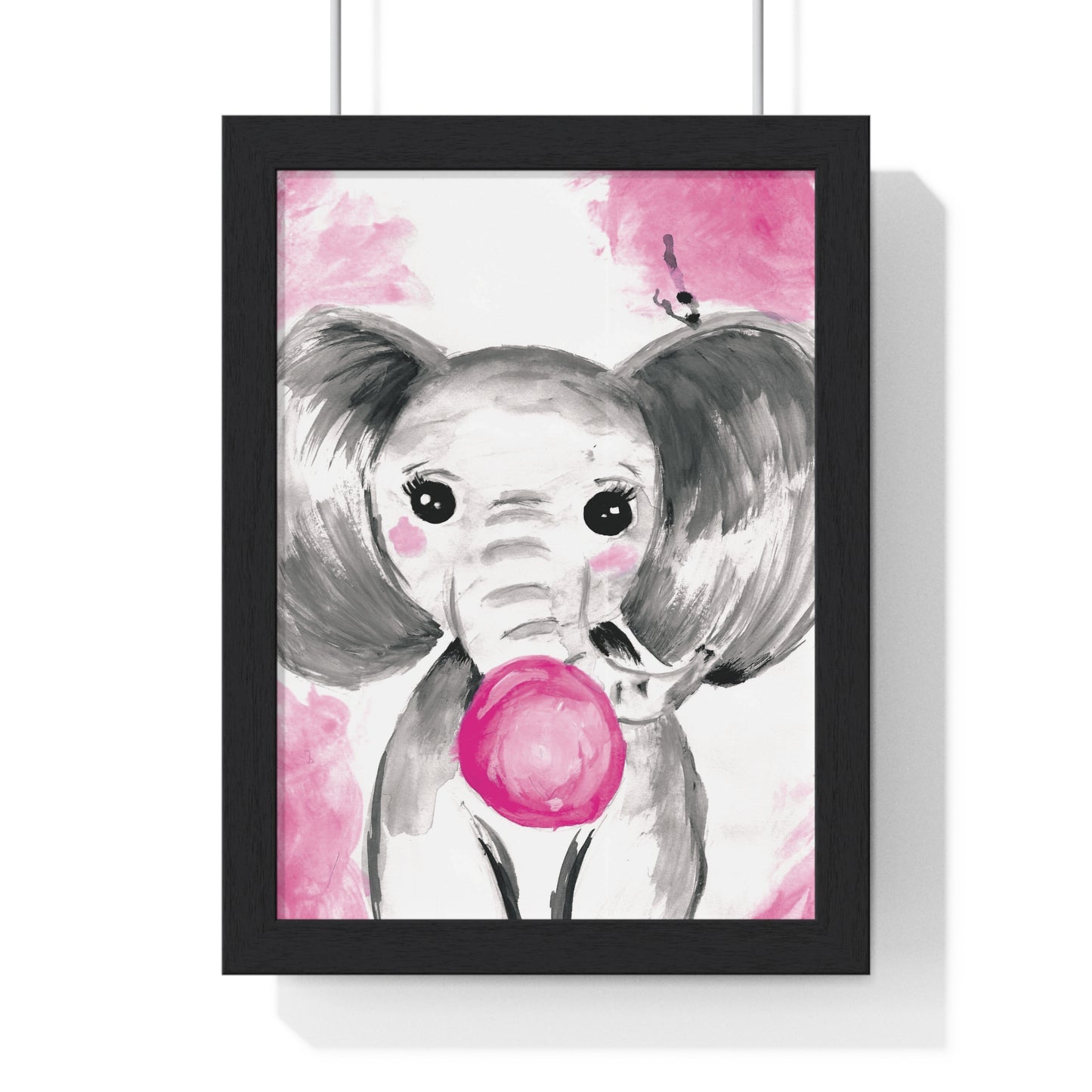 Little Elephant with pink bubblegum without AI - Vertical Framed Poster