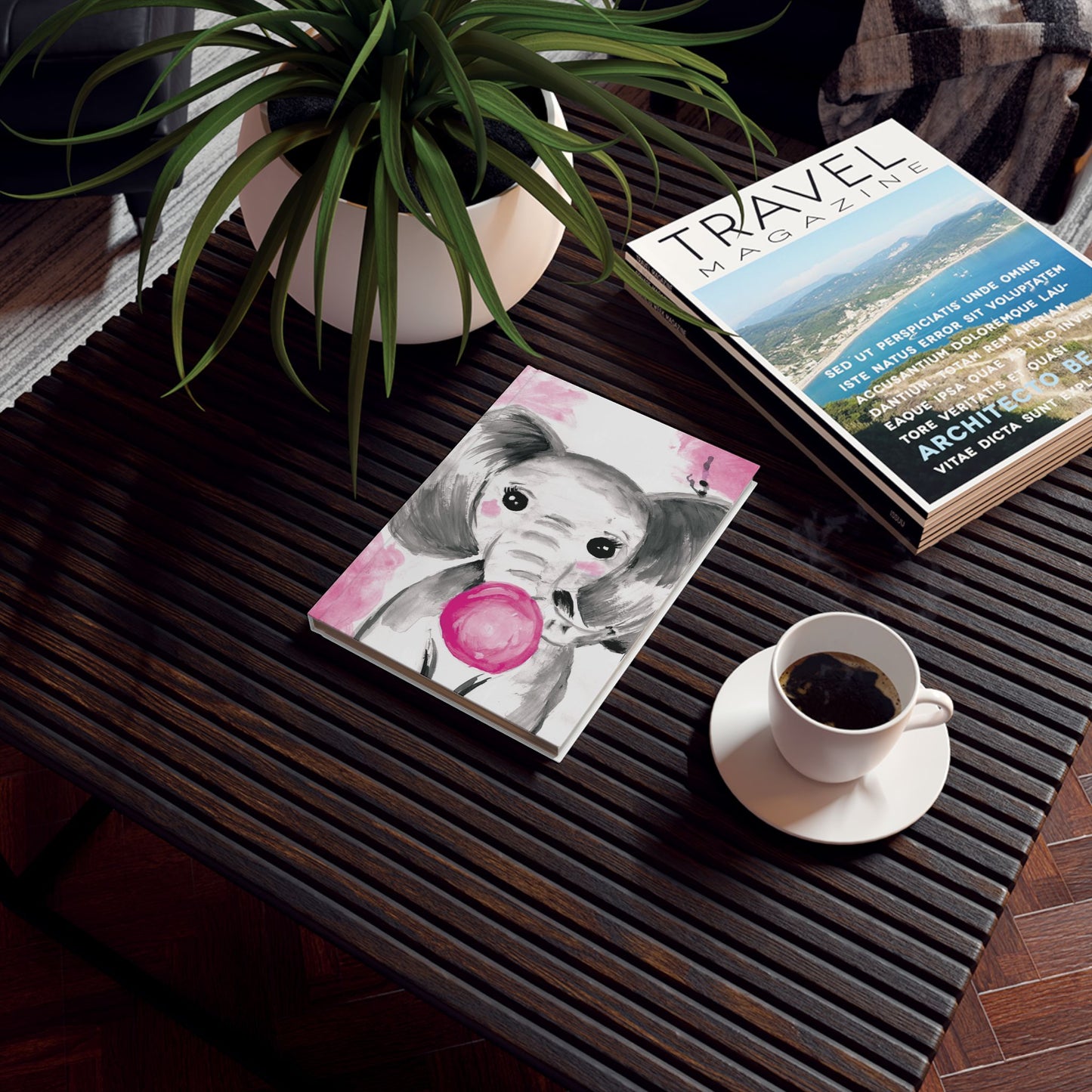 Little Elephant with pink bubblegum without AI - Hard Backed Journal