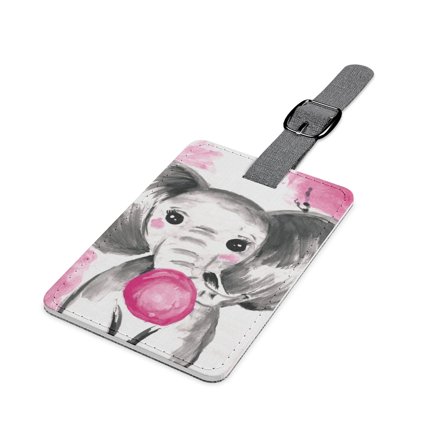Little Elephant with pink bubblegum without AI - Saffiano Polyester Luggage Tag, Rectangle