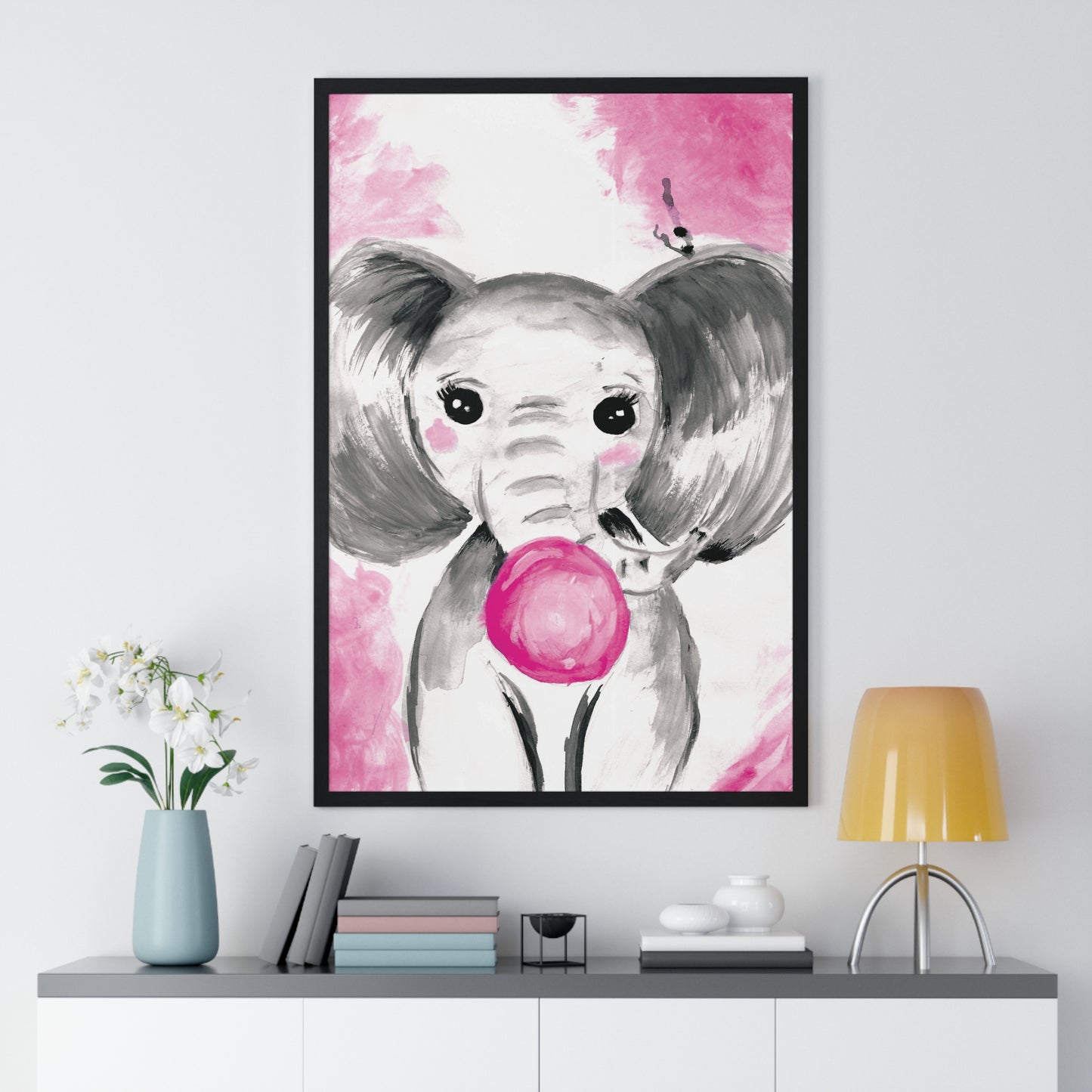 Little Elephant with pink bubblegum without AI - Vertical Framed Poster