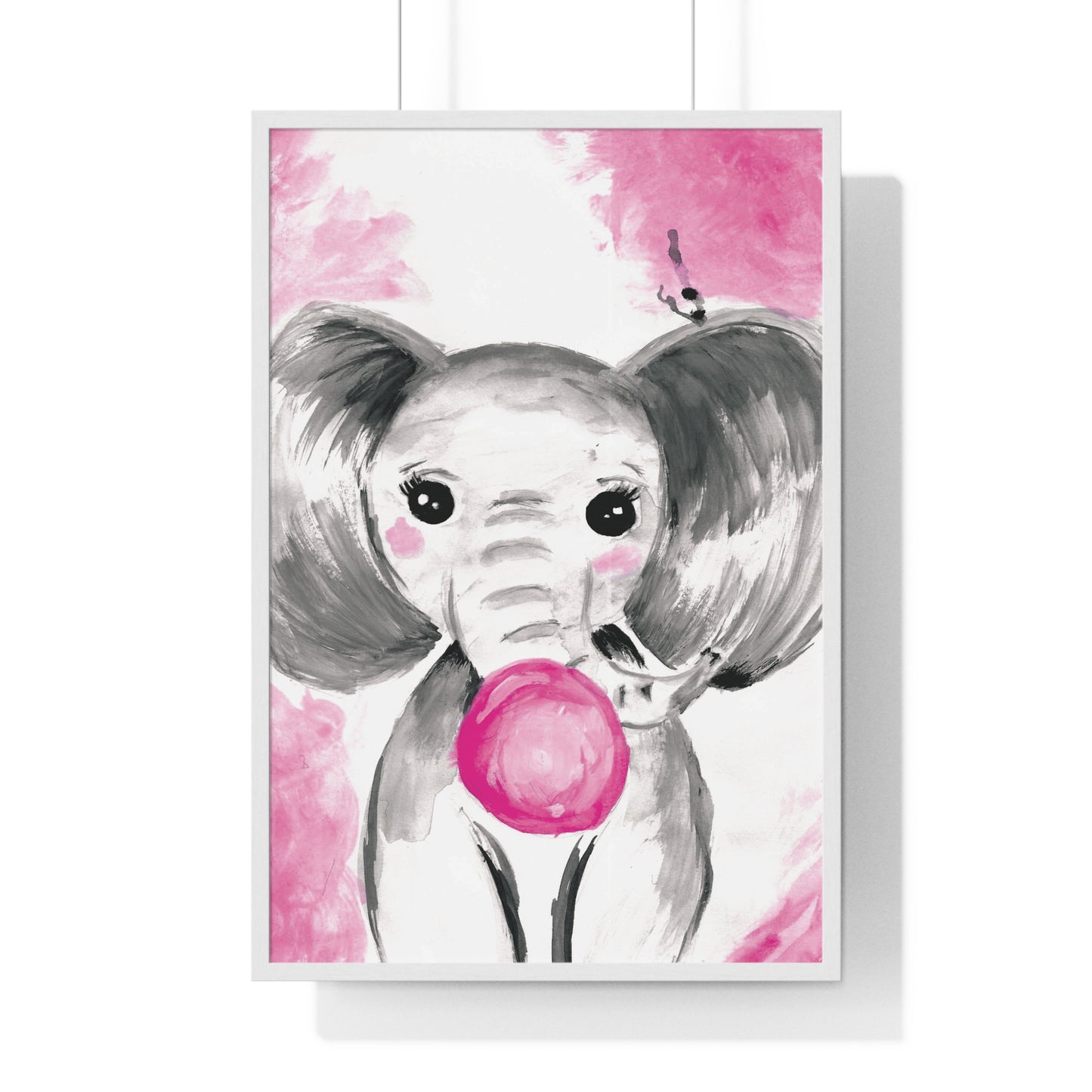 Little Elephant with pink bubblegum without AI - Vertical Framed Poster