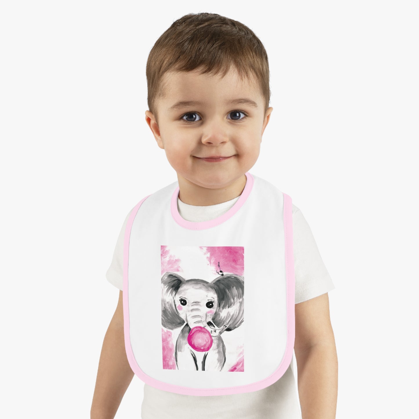 Little Elephant with pink bubblegum without AI - Baby Contrast Trim Jersey Bib