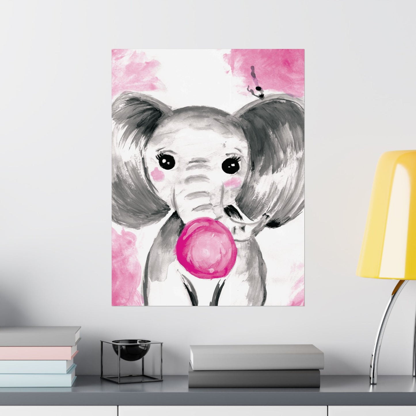 Little Elephant with pink bubblegum without AI - Matte Vertical Posters
