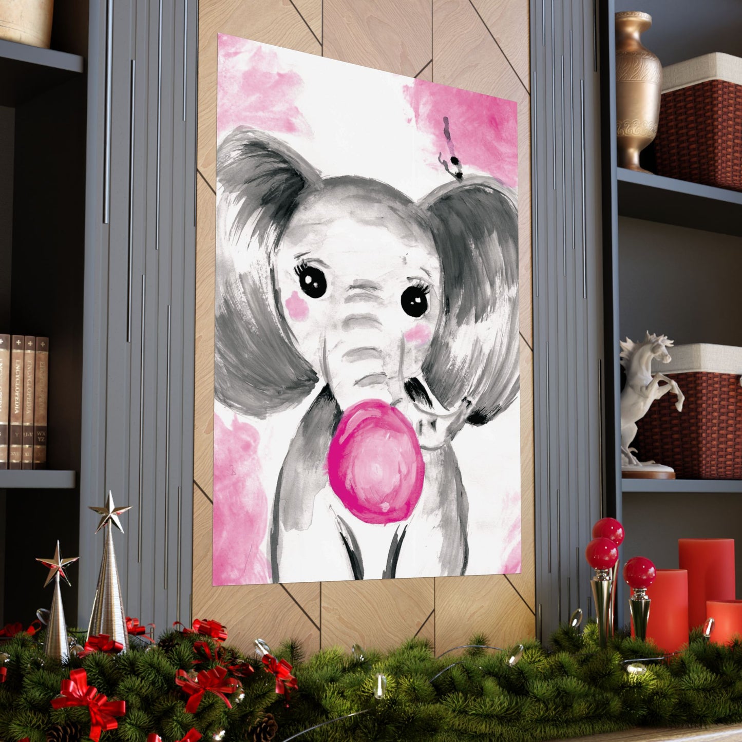 Little Elephant with pink bubblegum without AI - Matte Vertical Posters