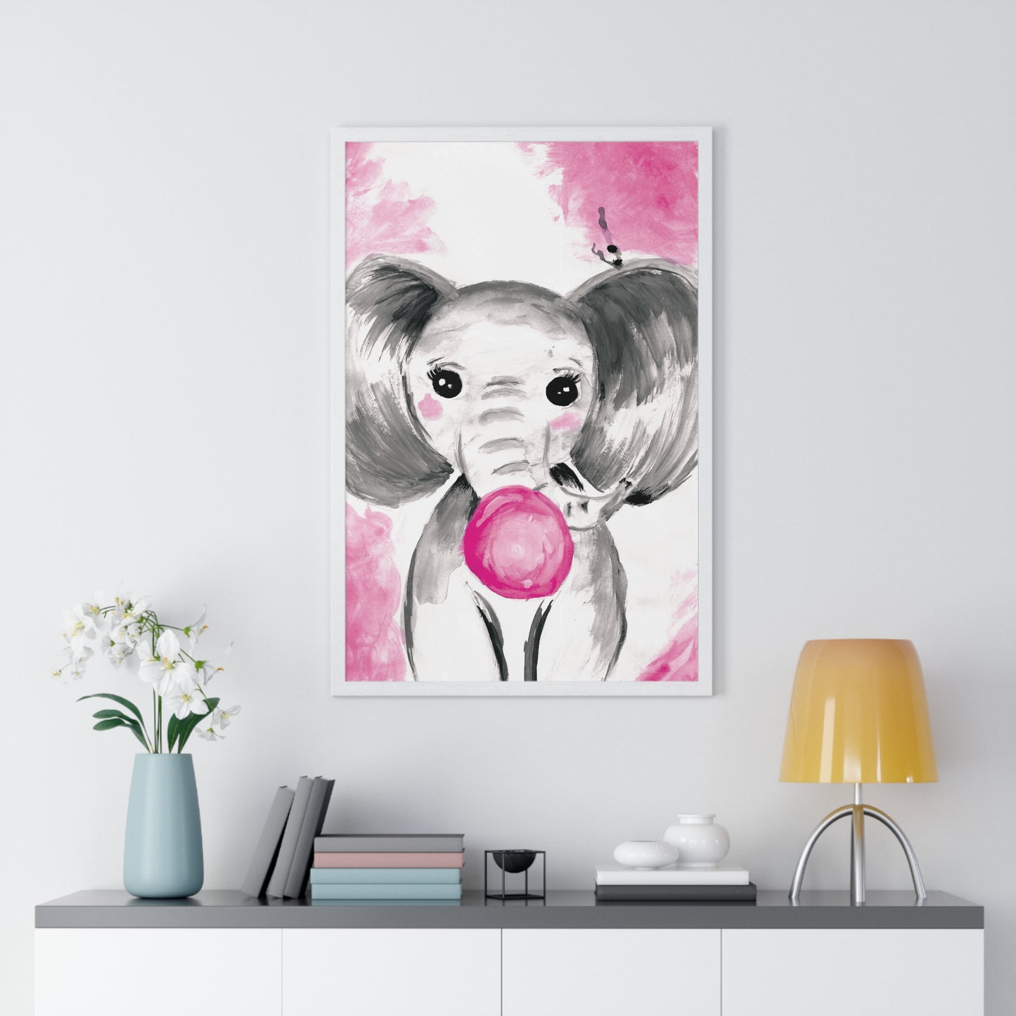 Little Elephant with pink bubblegum without AI - Vertical Framed Poster
