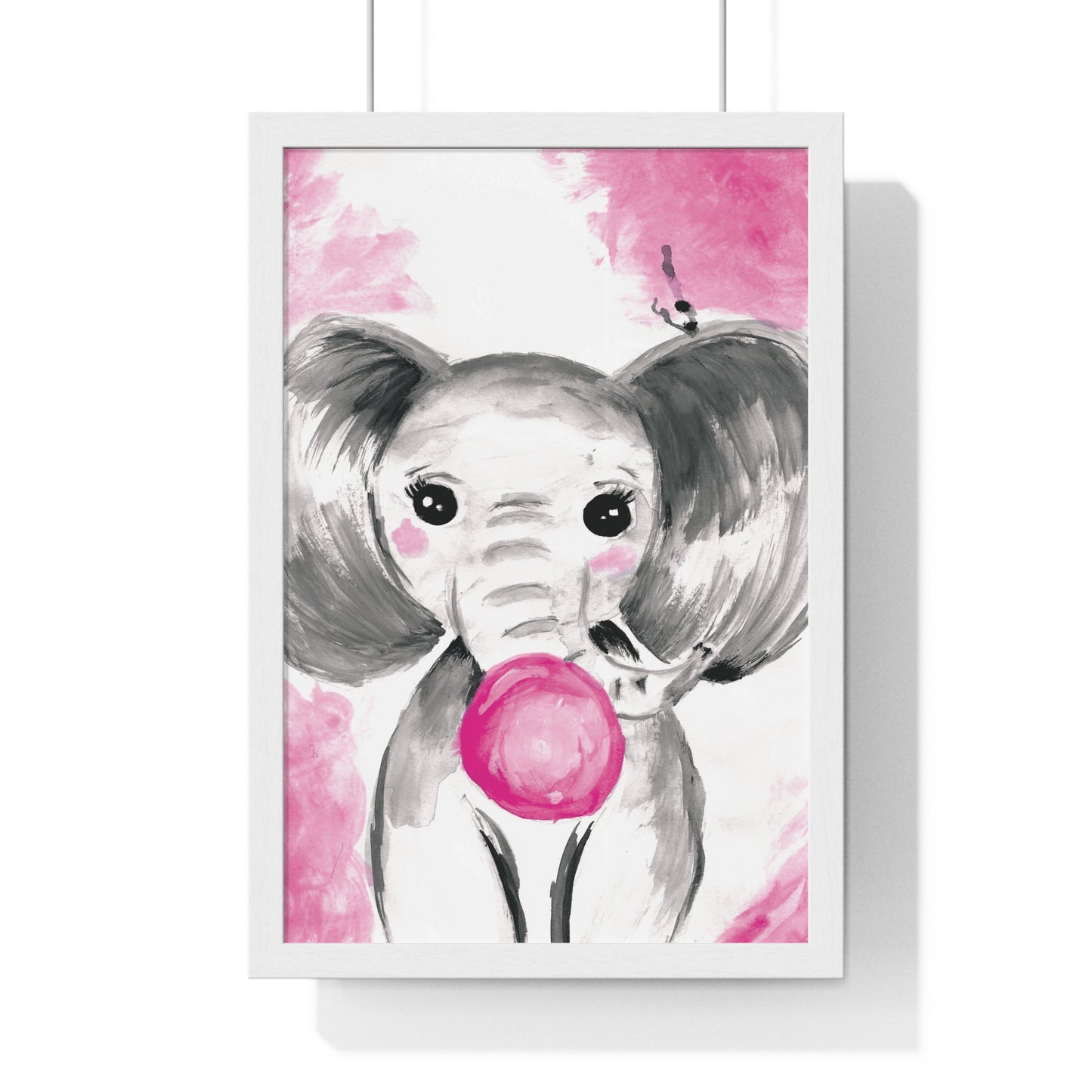 Little Elephant with pink bubblegum without AI - Vertical Framed Poster