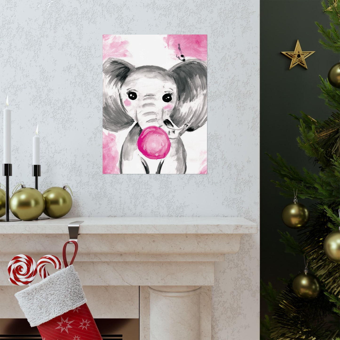 Little Elephant with pink bubblegum without AI - Matte Vertical Posters