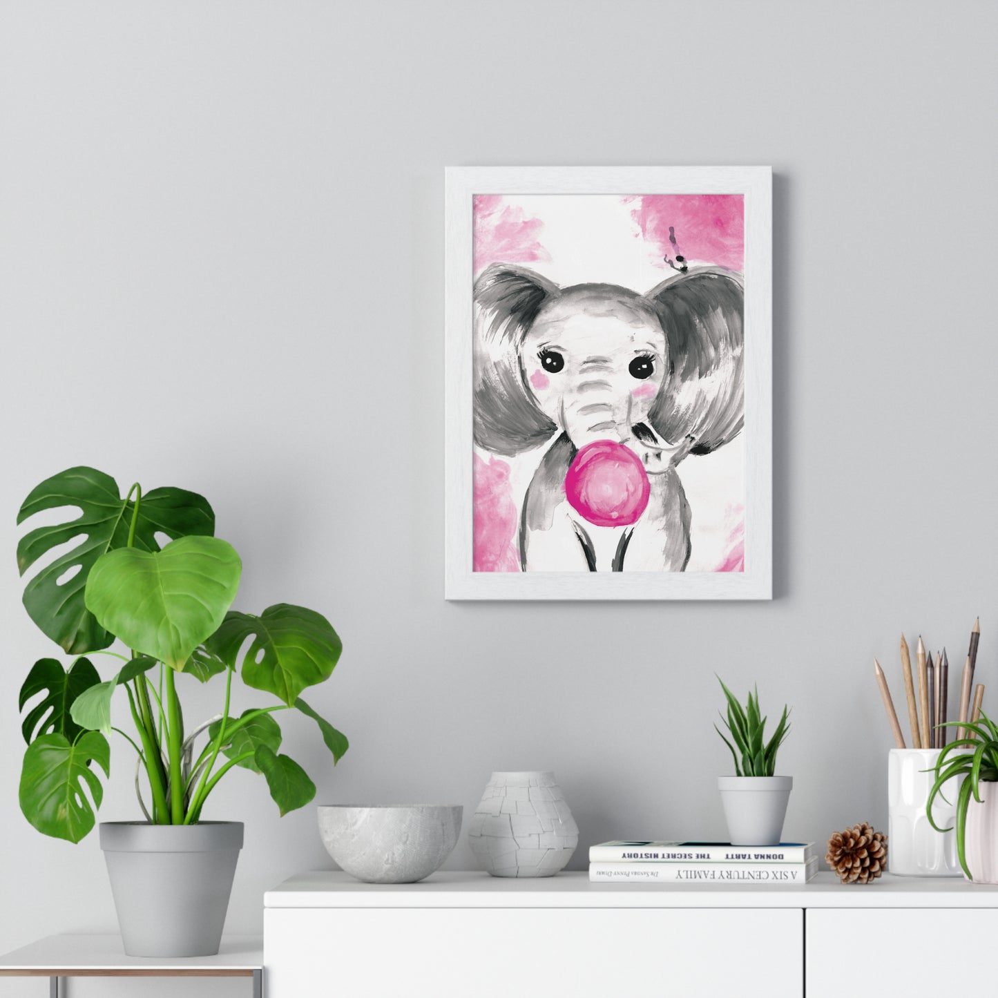 Little Elephant with pink bubblegum without AI - Vertical Framed Poster