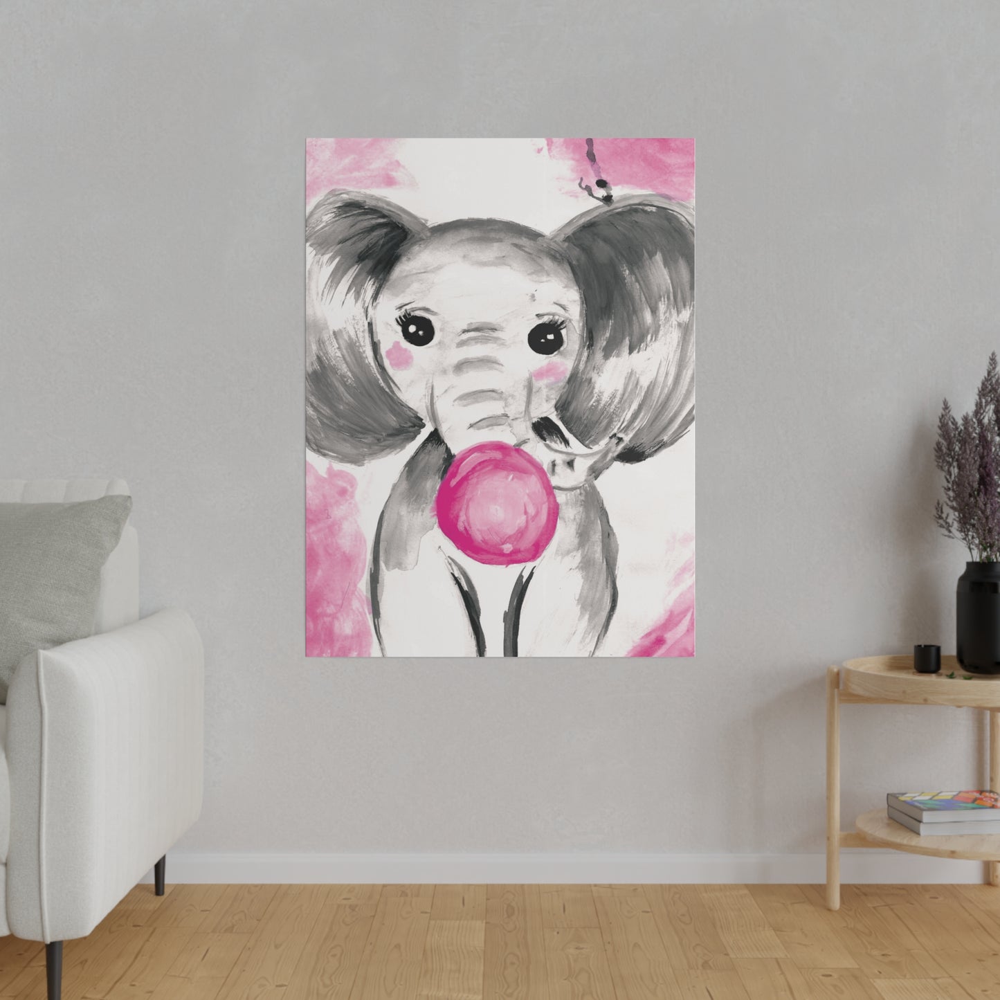 Little Elephant with pink bubblegum without AI - Matte Canvas, Stretched, 0.75"