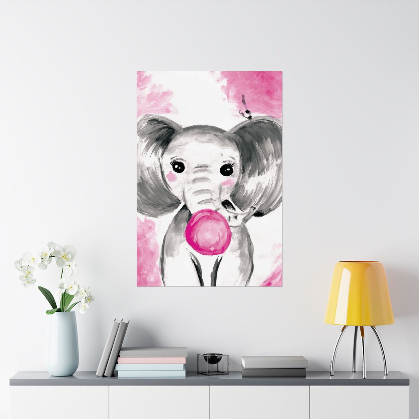 Little Elephant with pink bubblegum without AI - Matte Vertical Posters