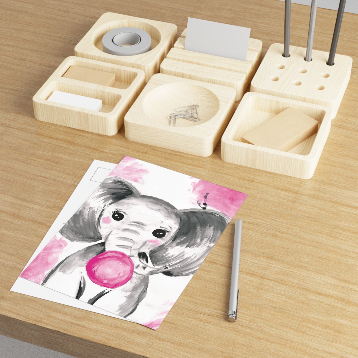 Little Elephant with pink bubblegum without AI - Fine Art Postcards