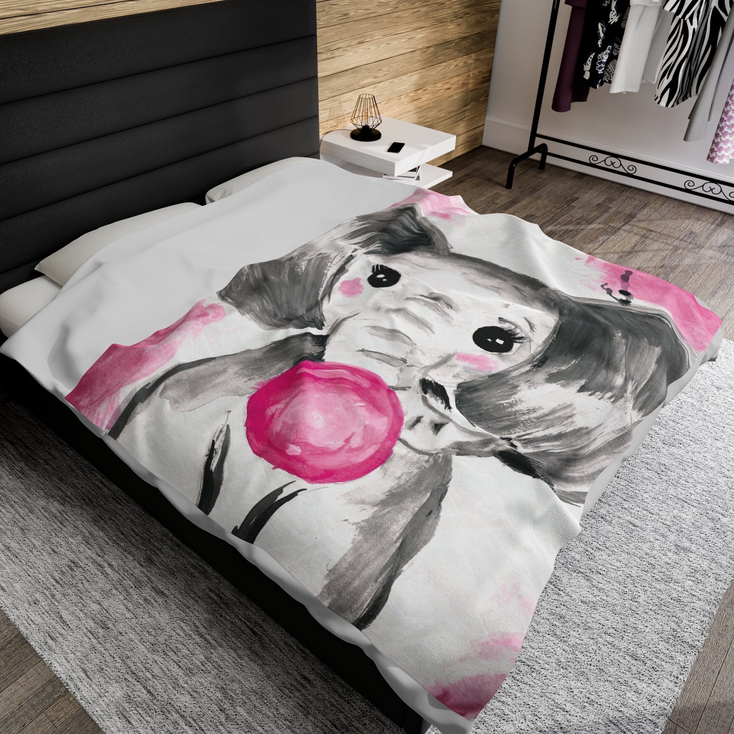 Little Elephant with pink bubblegum without AI - Velveteen Plush Blanket