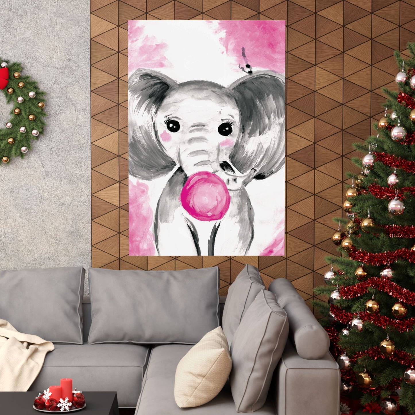 Little Elephant with pink bubblegum without AI - Matte Vertical Posters