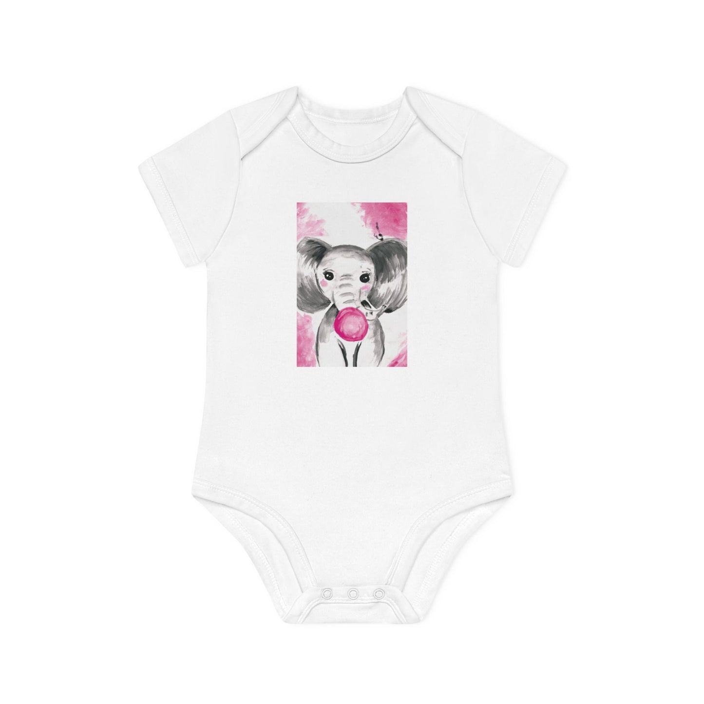 Little Elephant with pink bubblegum without AI - Baby Organic Short Sleeve Bodysuit