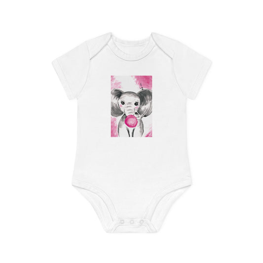 Little Elephant with pink bubblegum without AI - Baby Organic Short Sleeve Bodysuit