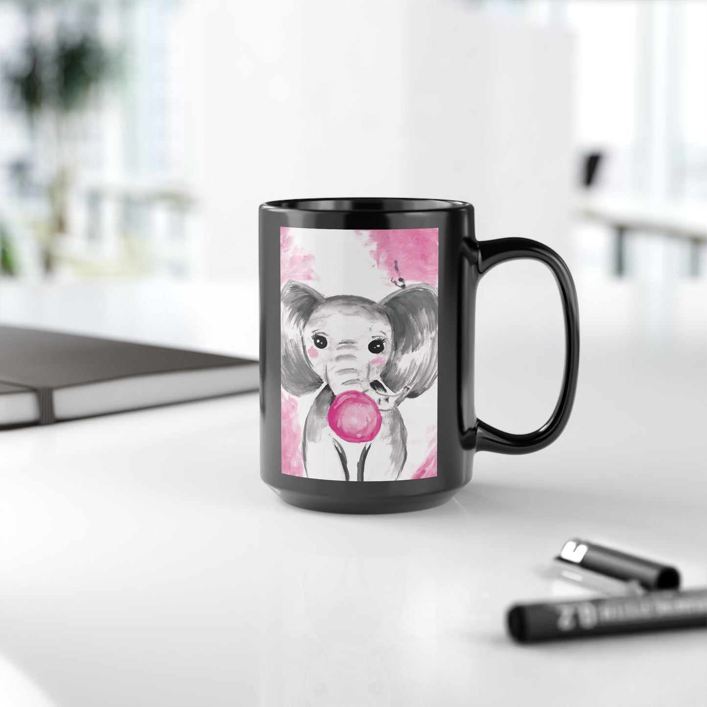 Little Elephant with pink bubblegum without AI - Black Mug (11oz, 15oz)