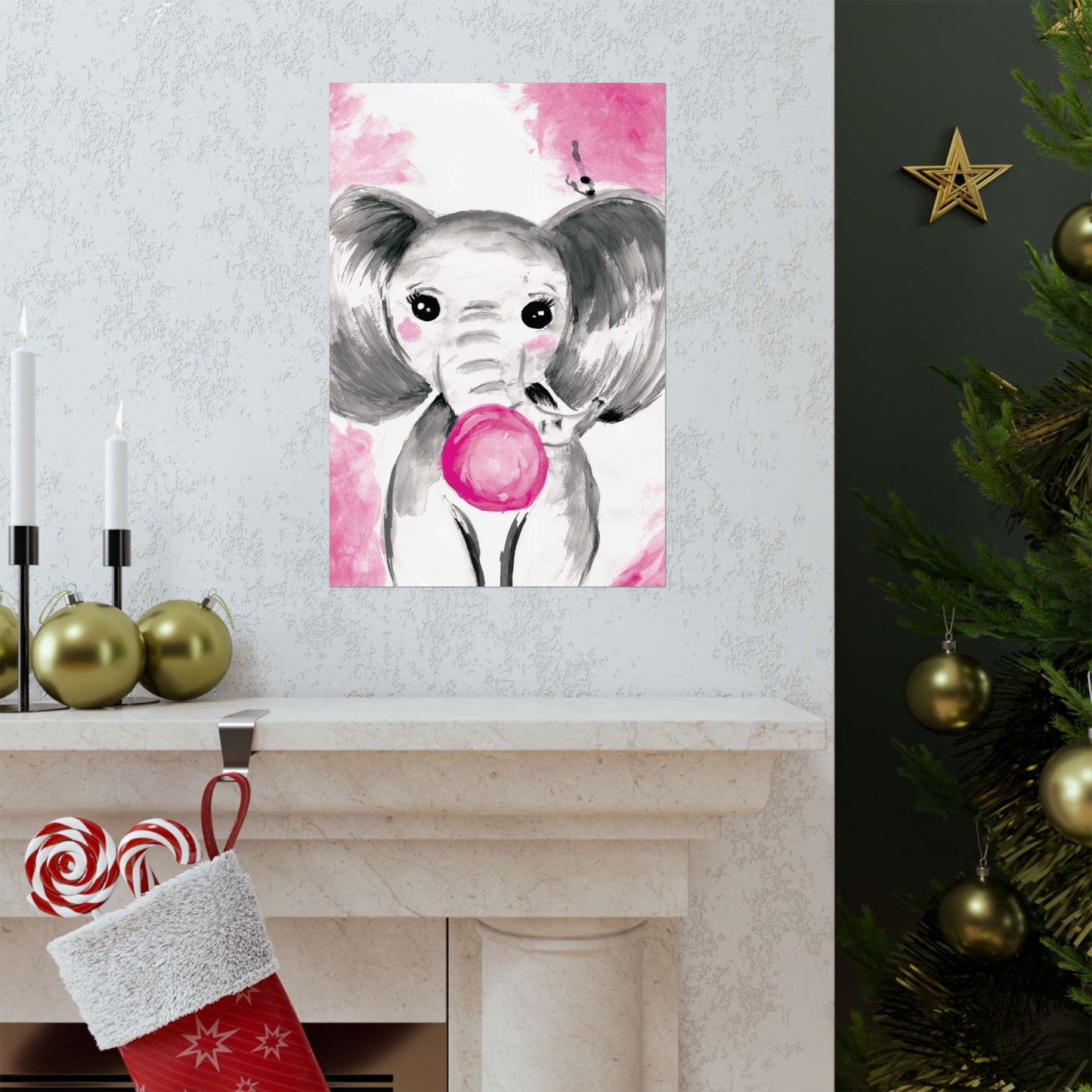 Little Elephant with pink bubblegum without AI - Matte Vertical Posters